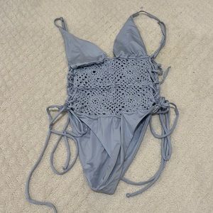 Frankies bikinis, light blue crochet, one piece size small